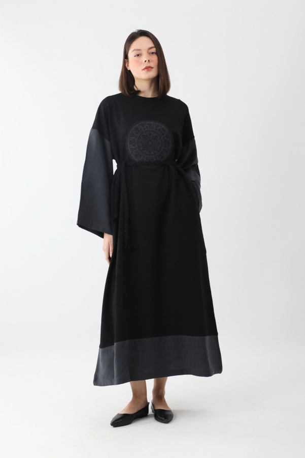 Nakışlı Sweat Elbise Siyah - 5