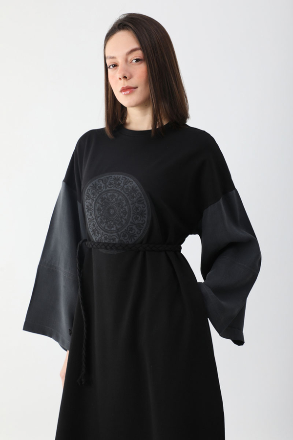 Nakışlı Sweat Elbise Siyah - 7