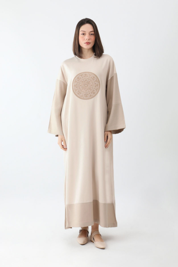 Nakışlı Sweat Elbise Taş - 1