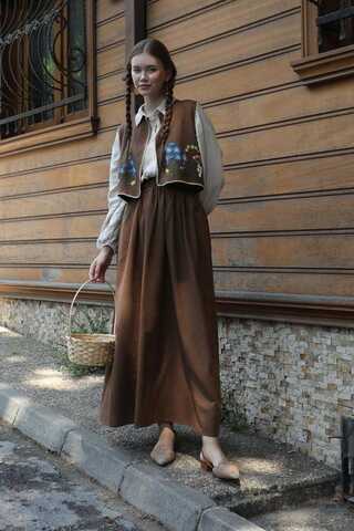 Nakışlı Yelek Etek Takım Kahverengi - 2