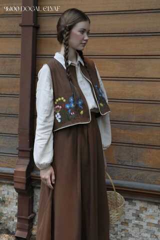 Nakışlı Yelek Etek Takım Kahverengi - 1