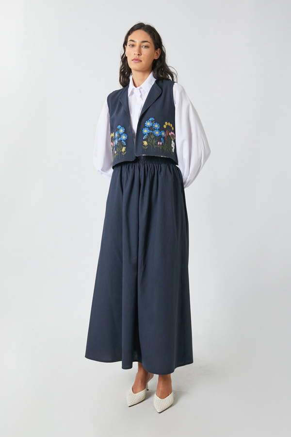 Embroidered Vest Skirt Set Navy - 3