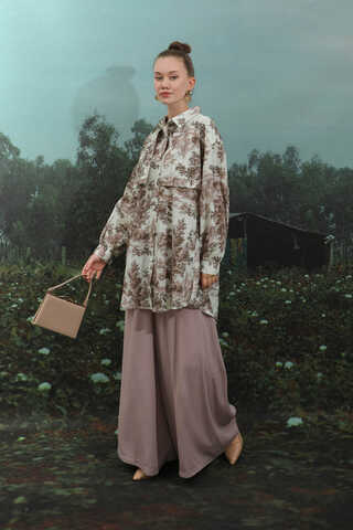 Natural Desen Gömlek Tunik Kahverengi - 1