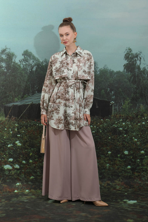 Natural Desen Gömlek Tunik Kahverengi - 4