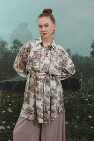 Natural Desen Gömlek Tunik Kahverengi - 5