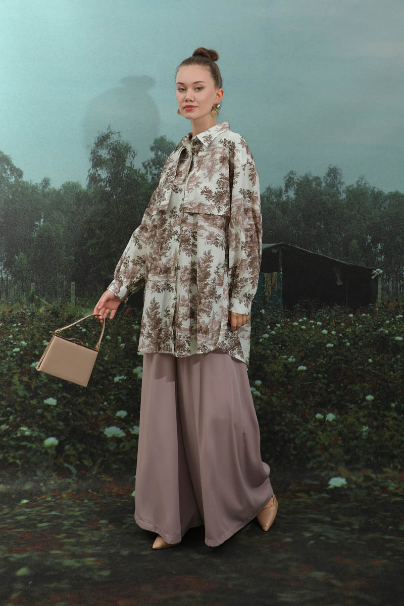 Natural  Desen Gömlek Tunik Kahverengi