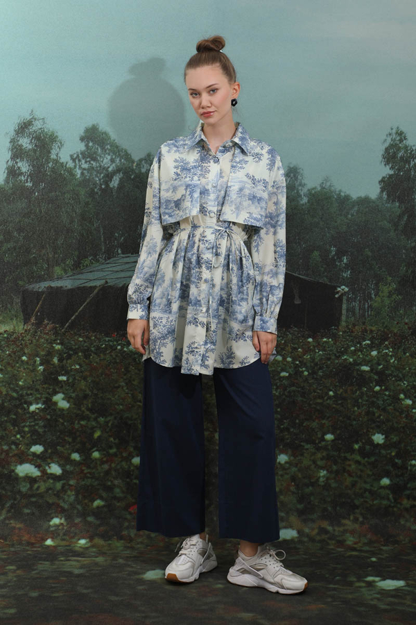 Natural  Desen Gömlek Tunik Mavi - 2