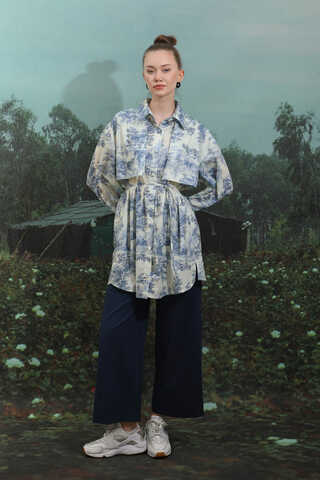 Natural  Desen Gömlek Tunik Mavi - 3