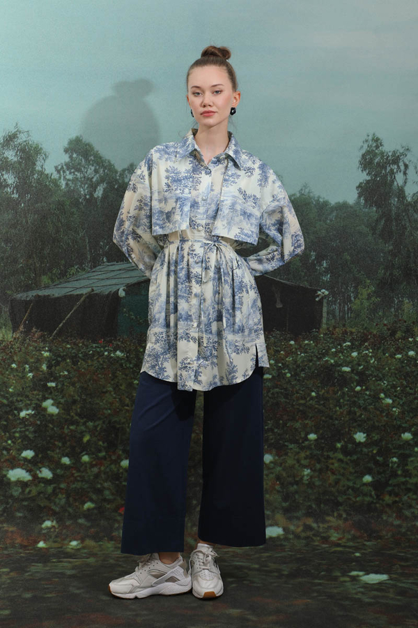 Natural  Desen Gömlek Tunik Mavi - 3