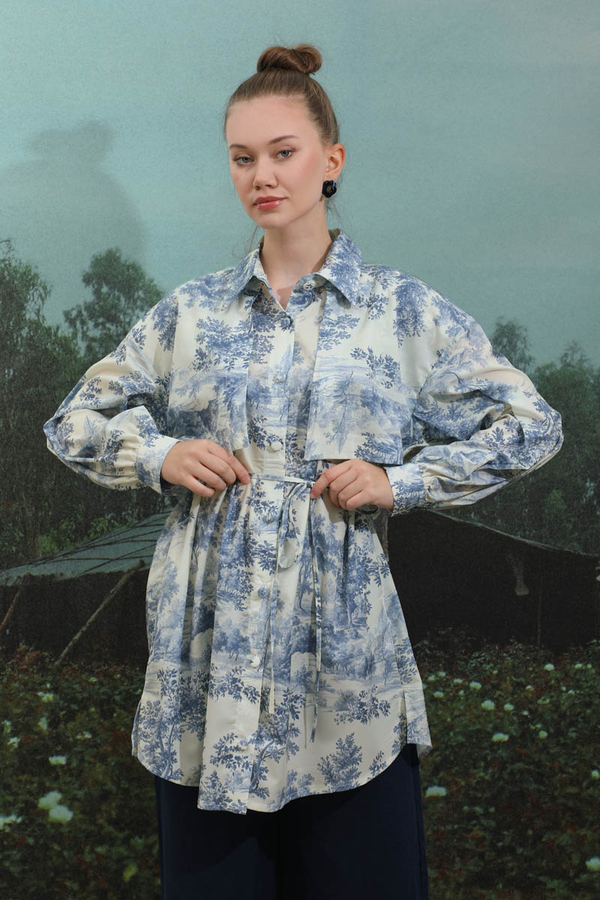 Natural  Desen Gömlek Tunik Mavi - 1