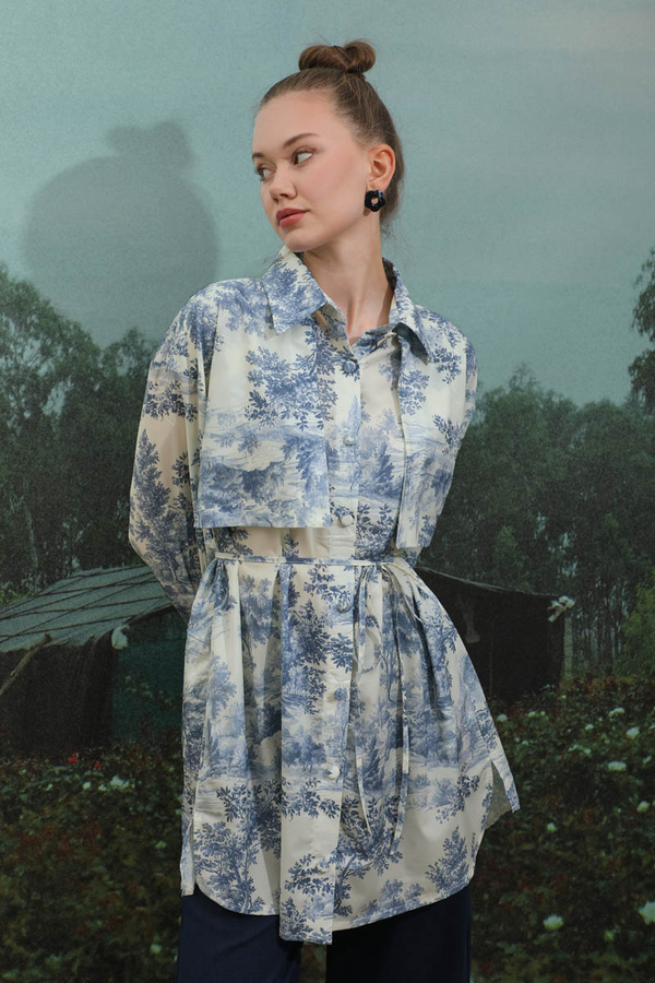 Natural  Desen Gömlek Tunik Mavi - 4