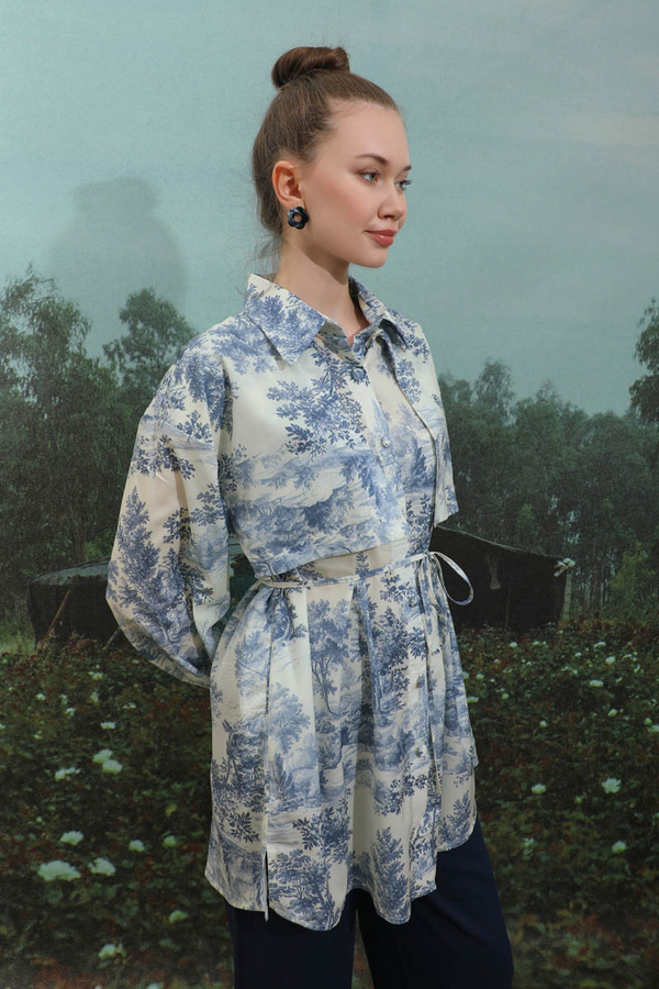 Natural  Desen Gömlek Tunik Mavi - 5