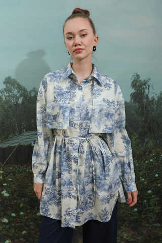Natural  Desen Gömlek Tunik Mavi - 6