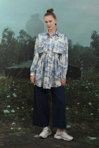 Natural  Desen Gömlek Tunik Mavi - 2