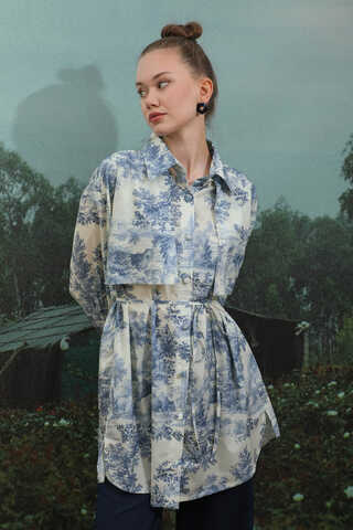 Natural  Desen Gömlek Tunik Mavi - 4