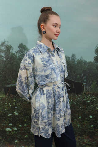 Natural  Desen Gömlek Tunik Mavi - 5