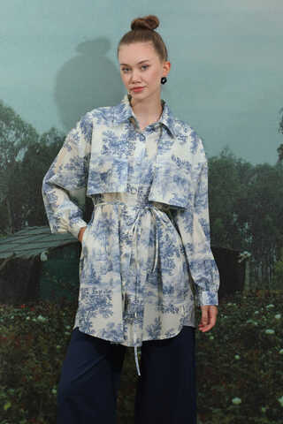 Natural  Desen Gömlek Tunik Mavi - 8