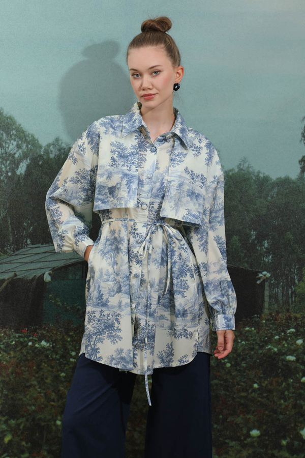 Natural  Desen Gömlek Tunik Mavi - 8