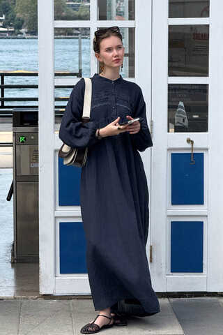 Navy Lace Yoke Dress - 10