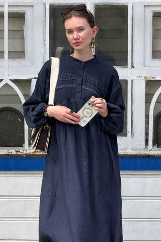 Navy Lace Yoke Dress - 3