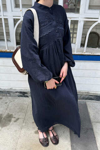 Navy Lace Yoke Dress - 6