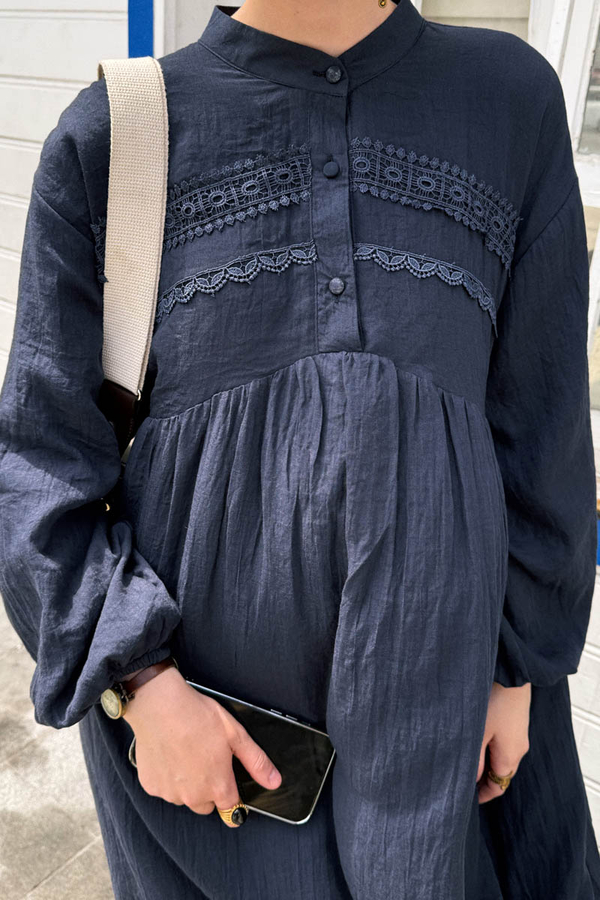 Navy Lace Yoke Dress - 8