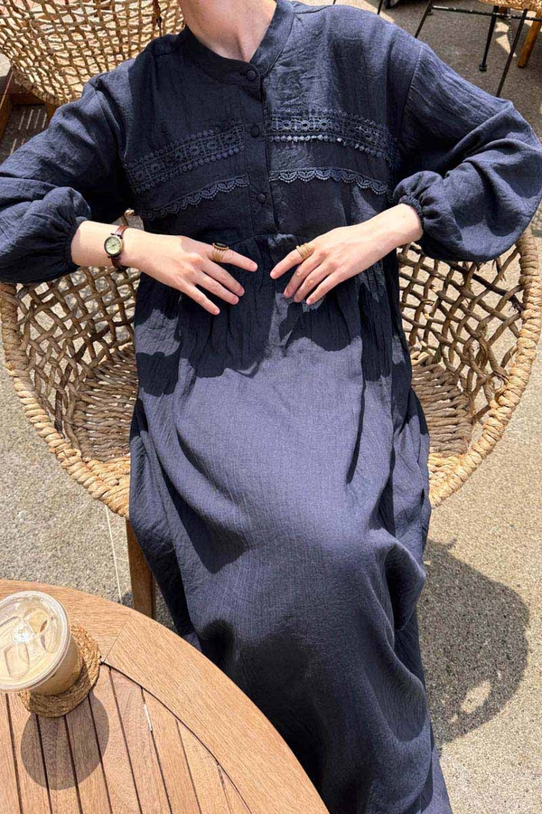 Navy Lace Yoke Dress - 4