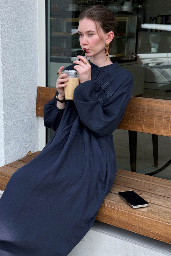 Navy Lace Yoke Dress - 7