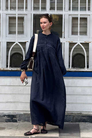 Navy Lace Yoke Dress - 5