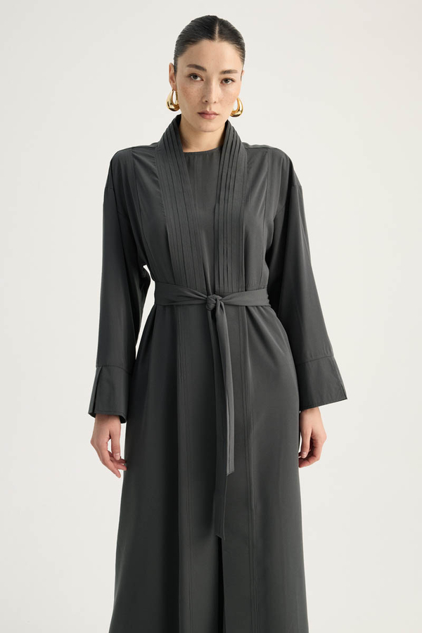 Nervür Detaylı Abaya Takım Füme - 1