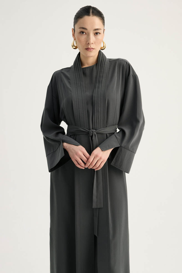 Nervür Detaylı Abaya Takım Füme - 3