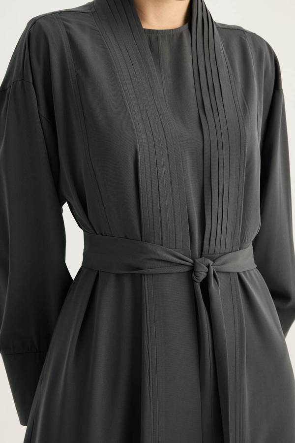 Nervür Detaylı Abaya Takım Füme - 6