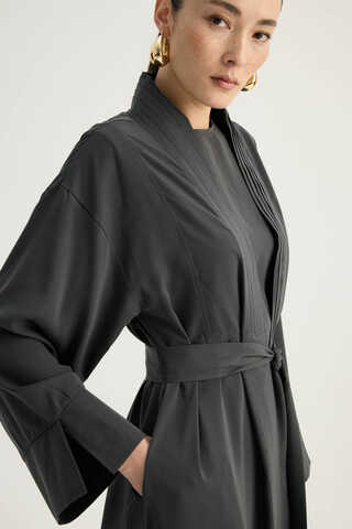 Nervür Detaylı Abaya Takım Füme - 7