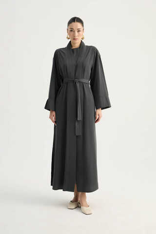 Nervür Detaylı Abaya Takım Füme - 9