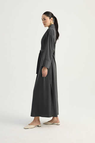 Nervür Detaylı Abaya Takım Füme - 11