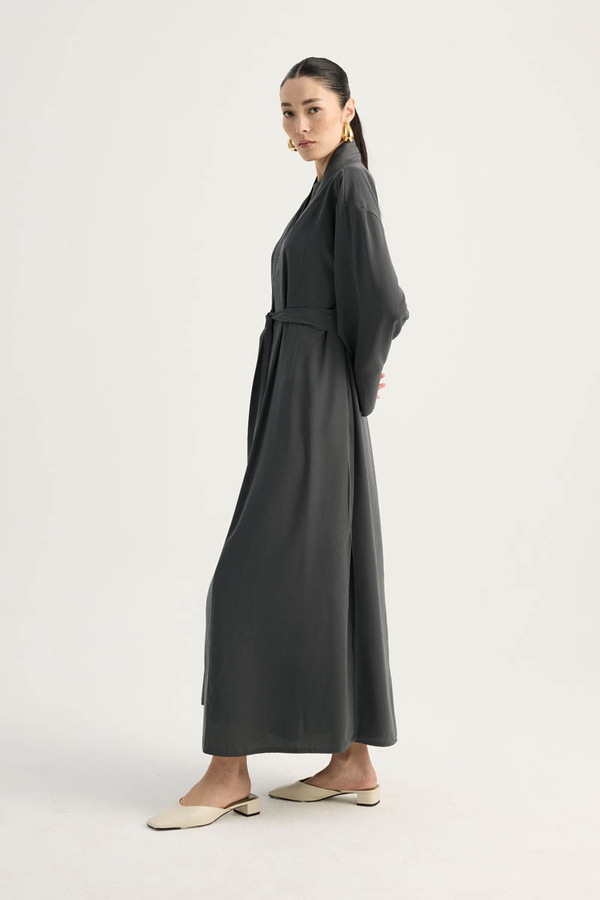 Nervür Detaylı Abaya Takım Füme - 4