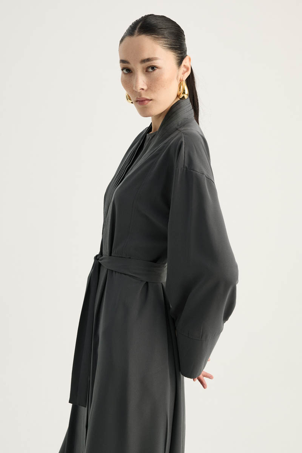 Nervür Detaylı Abaya Takım Füme - 12