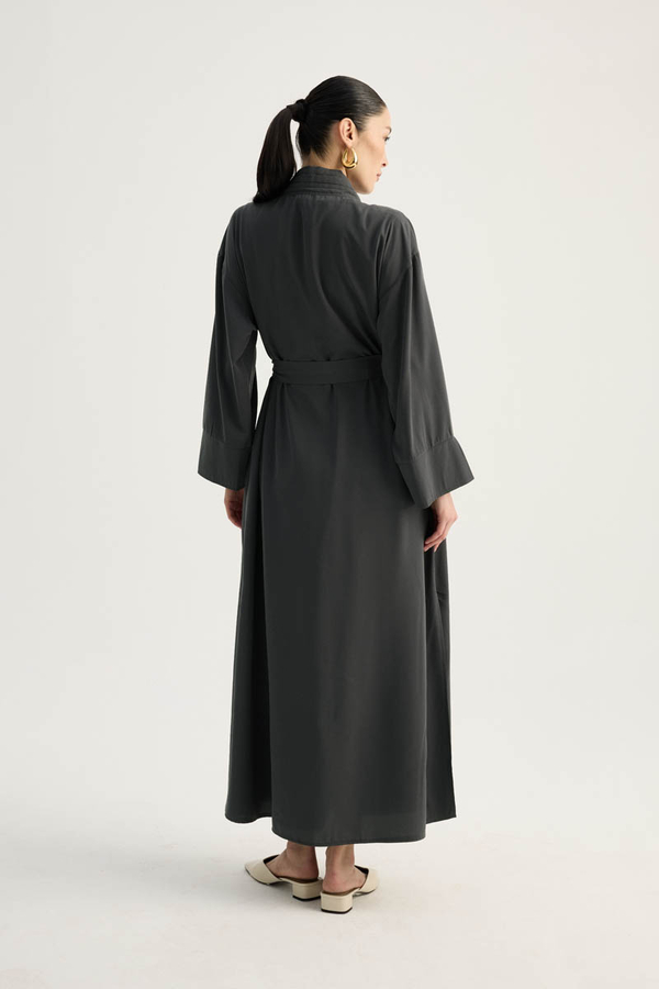 Nervür Detaylı Abaya Takım Füme - 14