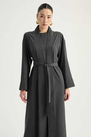 Nervür Detaylı Abaya Takım Füme - 1