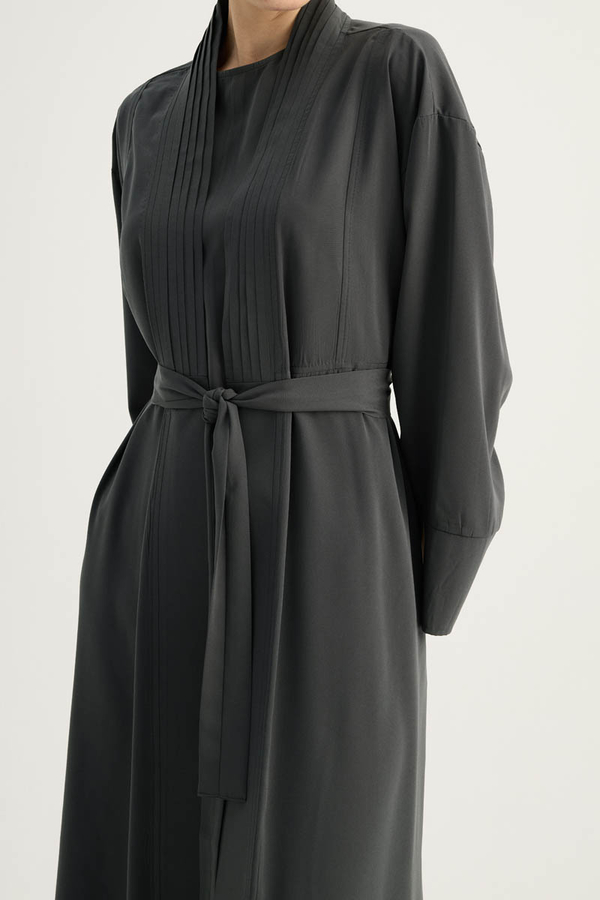 Nervür Detaylı Abaya Takım Füme - 5