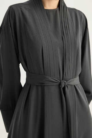 Nervür Detaylı Abaya Takım Füme - 6