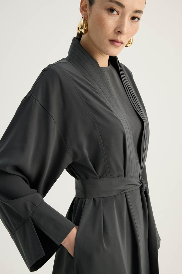 Nervür Detaylı Abaya Takım Füme - 7