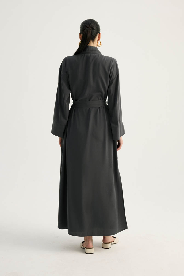 Nervür Detaylı Abaya Takım Füme - 13