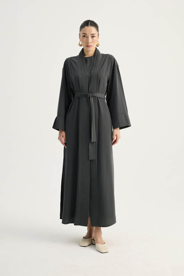 Nervür Detaylı Abaya Takım Füme - 9