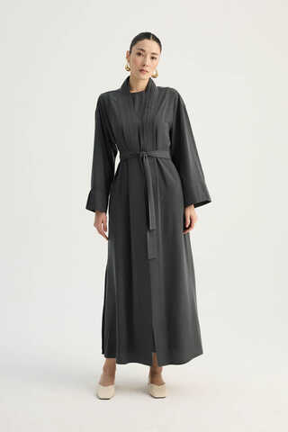 Nervür Detaylı Abaya Takım Füme - 2