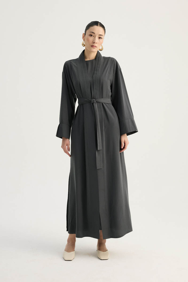 Nervür Detaylı Abaya Takım Füme - 2