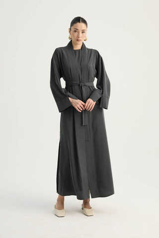 Nervür Detaylı Abaya Takım Füme - 8