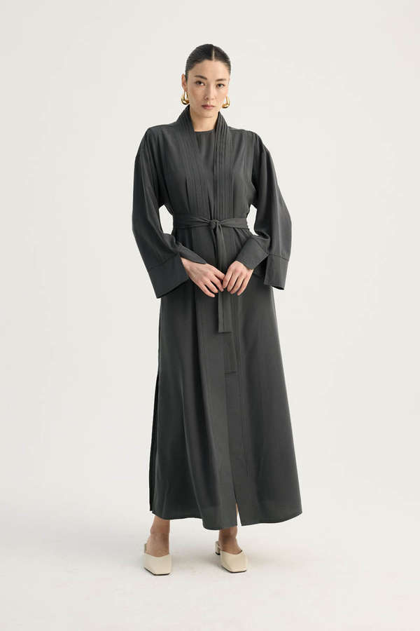 Nervür Detaylı Abaya Takım Füme - 8