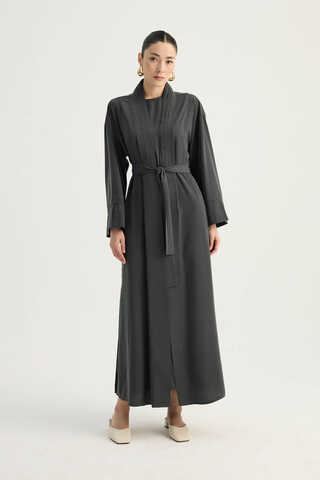 Nervür Detaylı Abaya Takım Füme - 10
