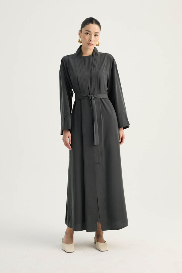 Nervür Detaylı Abaya Takım Füme - 10